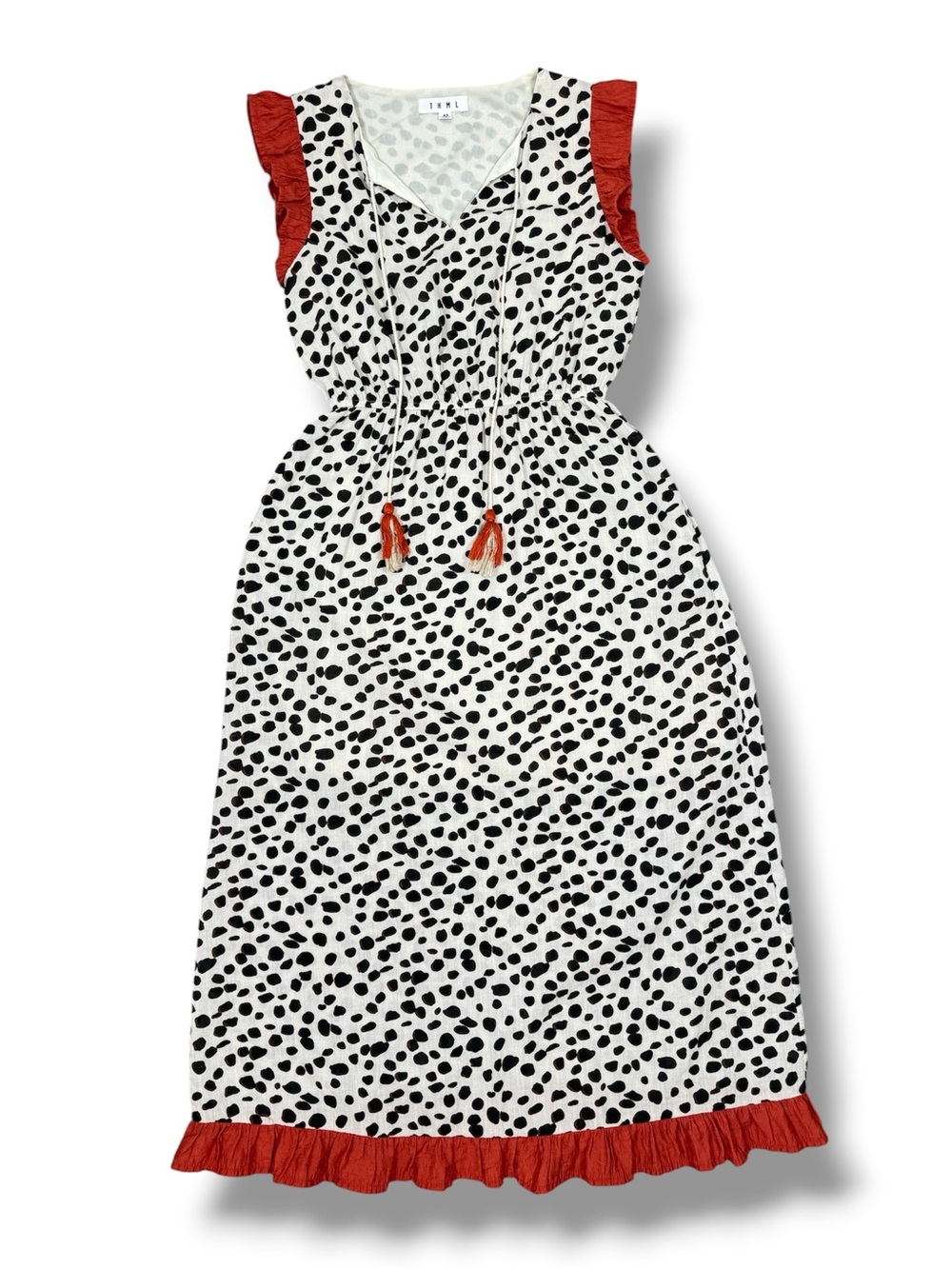 THML Animal Print Ruffle Trim Midi Dress Sundress Ivory Black XS Leopard Cottage - Picture 12 of 12